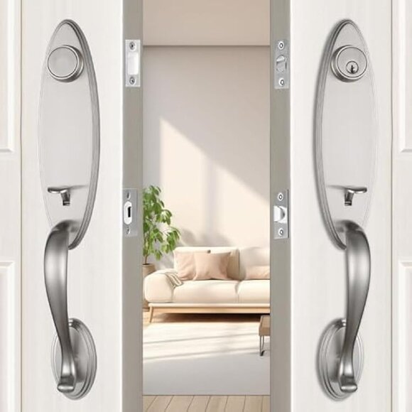 "HiSafe" Keyed & Dummy Double Door Handleset w/ Oval Knob- Brushed Nickel Finish - Picture 1 of 11